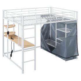 Full Size Loft Metal Bed with Desk, Shelves, Power Outlet, LED Light and Wardrobe