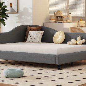 Full Size L-Shaped Linen Daybed with Solid Wood Legs