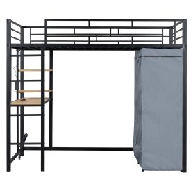 Twin Size Loft Metal Bed with Desk,Shelves,Power Outlet,LED Light and Wardrobe