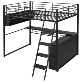 Full Size Metal Loft Bed with LED, Desk and 4 Storage Shelves