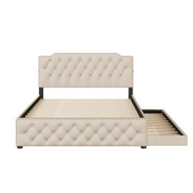 Queen Size Upholstered Platform Bed with Twin Size Trundle and 2 sets of USB Ports on each side
