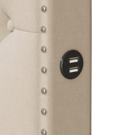 Queen Size Upholstered Platform Bed with Twin Size Trundle and 2 sets of USB Ports on each side