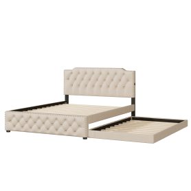 Queen Size Upholstered Platform Bed with Twin Size Trundle and 2 sets of USB Ports on each side