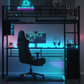 Twin Size Metal Loft Bed with LED, Desk and 4 Storage Shelves