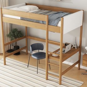 Rubber Wooden Twin Size Loft Bed With Desk, Ladder, Safety Guardrails, Teddy Fleece Fabric Headboard/Footboard