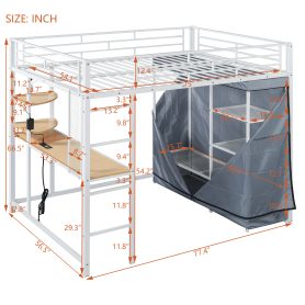 Full Size Loft Metal Bed with Desk, Shelves, Power Outlet, LED Light and Wardrobe