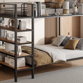 Twin Over Full Metal Bunk Bed with 5-Tier Shelves