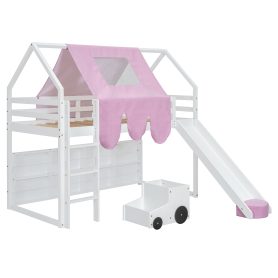 Twin Size Wooden Loft Bed House-Shaped Frame With A Tent