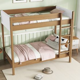 Twin Over Twin Bunk Bed with Upholstered Headboard and Footboard of Teddy-Velvet Cushion