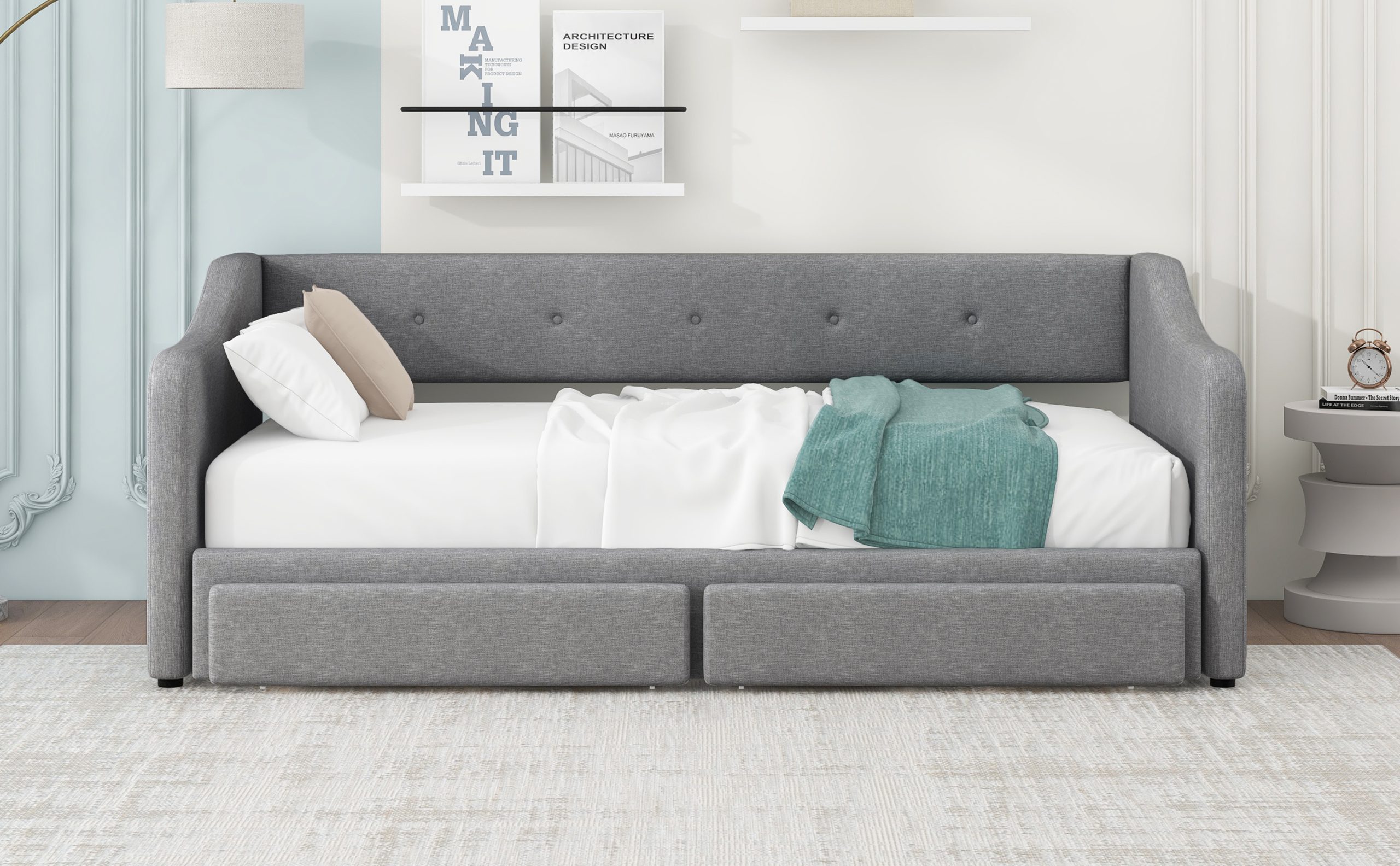 Twin XL to King Size Upholstered Daybed with Two Drawers 12 Twin XL to King Size Upholstered Daybed with Two Drawers