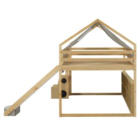 Full Size Wooden Loft Bed House-Shaped Frame With A Tent