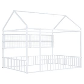 Full Size Metal Bed House Bed Frame With Fence And Shelves