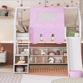 Twin Size Wooden Loft Bed House-Shaped Frame With A Tent