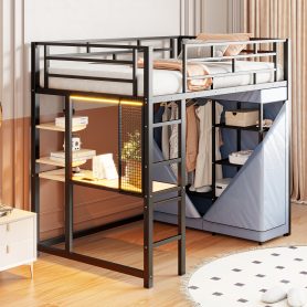 Twin Size Loft Metal Bed with Desk,Shelves,Power Outlet,LED Light and Wardrobe