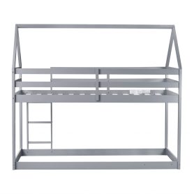 House-Shaped Twin over Twin Rubber Wood Floor Bunk Bed with ladder and Guardrails