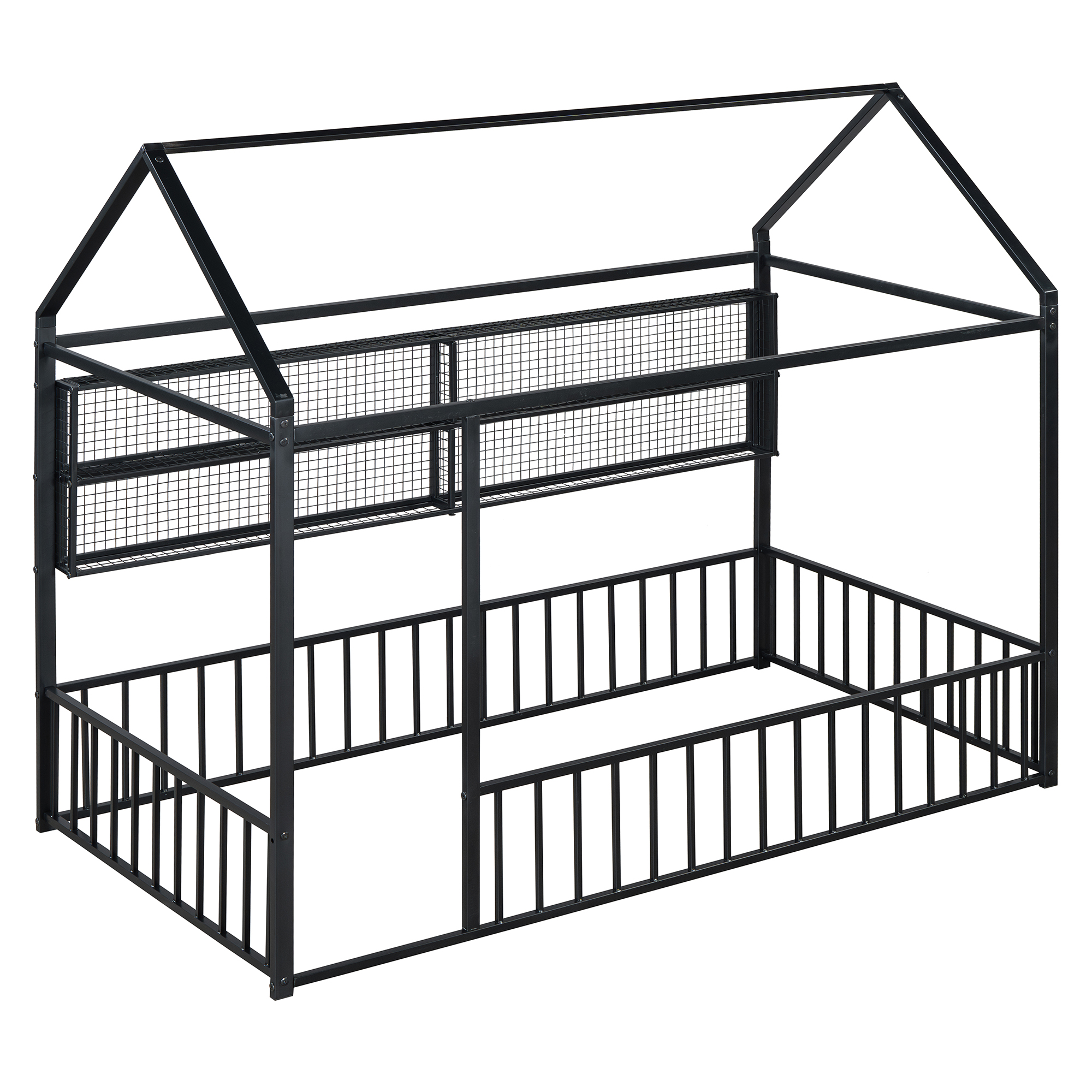 Twin Size Metal Bed House Bed Frame with Fence and Shelves 8 Twin Size Metal Bed House Bed Frame with Fence and Shelves