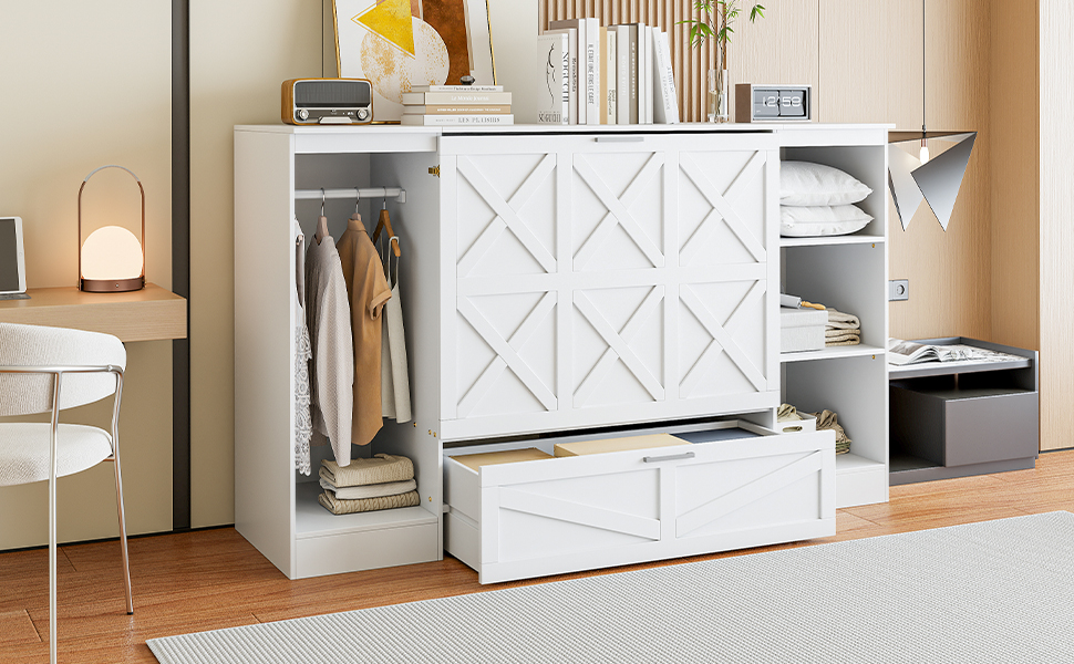 Twin Size Murphy Bed with Bedside Shelves and Wardrobe