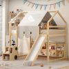 Full Size Wooden Loft Bed House-Shaped Frame With A Tent
