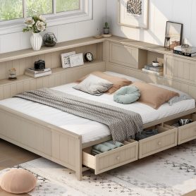 Full Size Wood Daybed with Storage Shelves and 3 Drawers