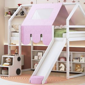 Twin Size Wooden Loft Bed House-Shaped Frame With A Tent