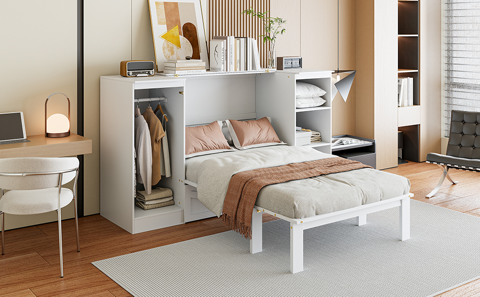 Twin Size Murphy Bed with Bedside Shelves and Wardrobe