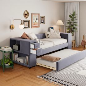 Twin Upholstered Bed with Storage and Twin Trundle, USB Charging Ports, French Velvet