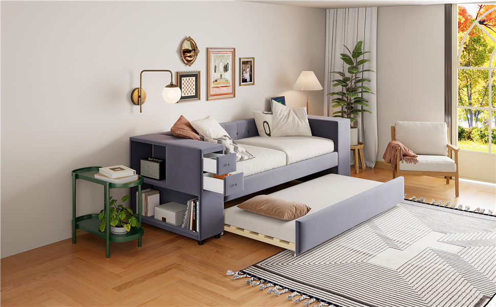 Twin Upholstered Bed with Storage and Twin Trundle, USB Charging Ports, French Velvet