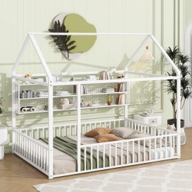 Full Size Metal Bed House Bed Frame With Fence And Shelves