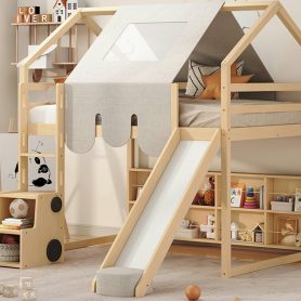 Full Size Wooden Loft Bed House-Shaped Frame With A Tent