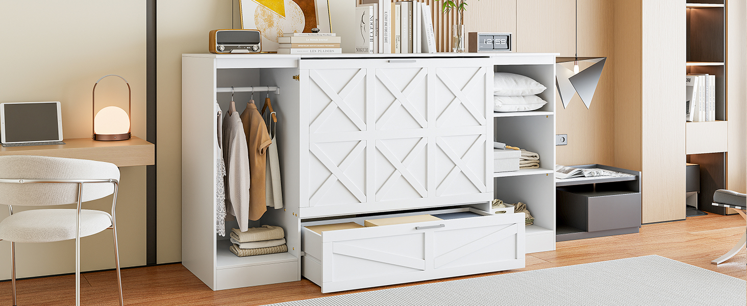 Twin Size Murphy Bed with Bedside Shelves and Wardrobe