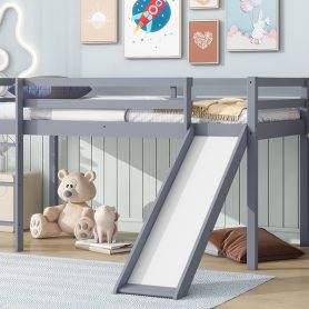 Rubber Wood Twin Low Loft Bed With Slide, Ladder and Safety Guardrails