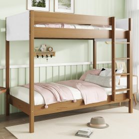 Twin Over Twin Bunk Bed with Upholstered Headboard and Footboard of Teddy-Velvet Cushion