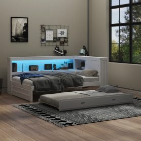 Full Size Wood Daybed with Storage Shelves, USB, LED, and Trundle