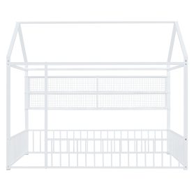 Full Size Metal Bed House Bed Frame With Fence And Shelves
