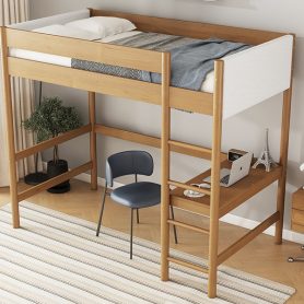 Rubber Wooden Twin Size Loft Bed With Desk, Ladder, Safety Guardrails, Teddy Fleece Fabric Headboard/Footboard