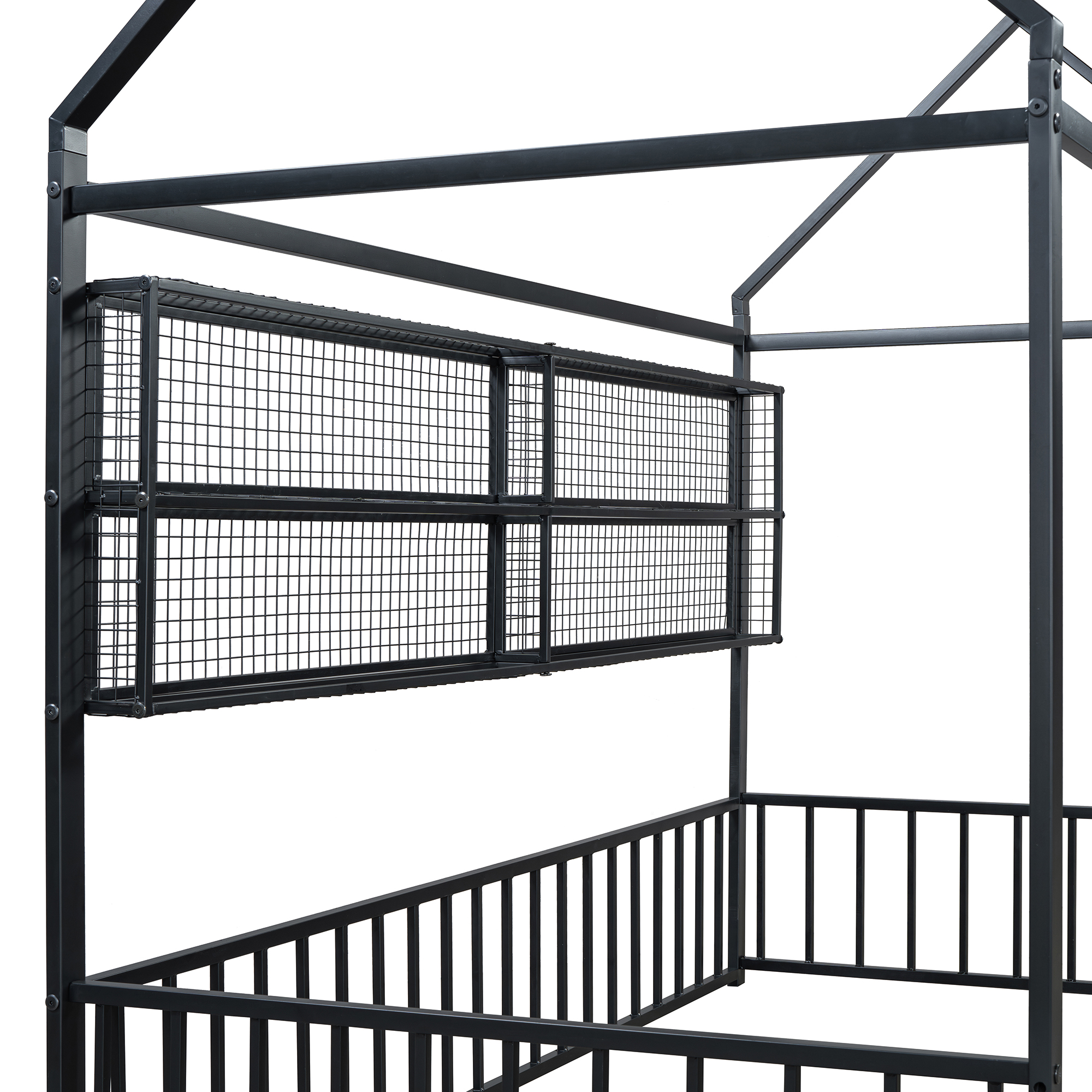 Twin Size Metal Bed House Bed Frame with Fence and Shelves 11 Twin Size Metal Bed House Bed Frame with Fence and Shelves
