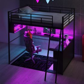 Full Size Metal Loft Bed with LED, Desk and 4 Storage Shelves