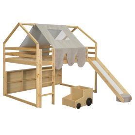 Full Size Wooden Loft Bed House-Shaped Frame With A Tent