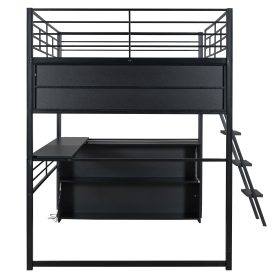 Full Size Metal Loft Bed with LED, Desk and 4 Storage Shelves