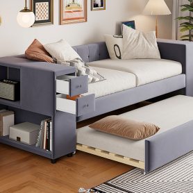 Twin Upholstered Bed with Storage and Twin Trundle, USB Charging Ports, French Velvet