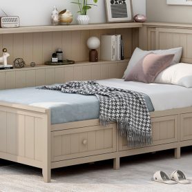 Twin Size Wood Daybed with Storage Shelves and 3 Drawers
