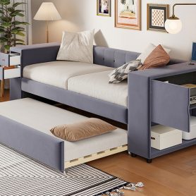 Twin Upholstered Bed with Storage and Twin Trundle, USB Charging Ports, French Velvet