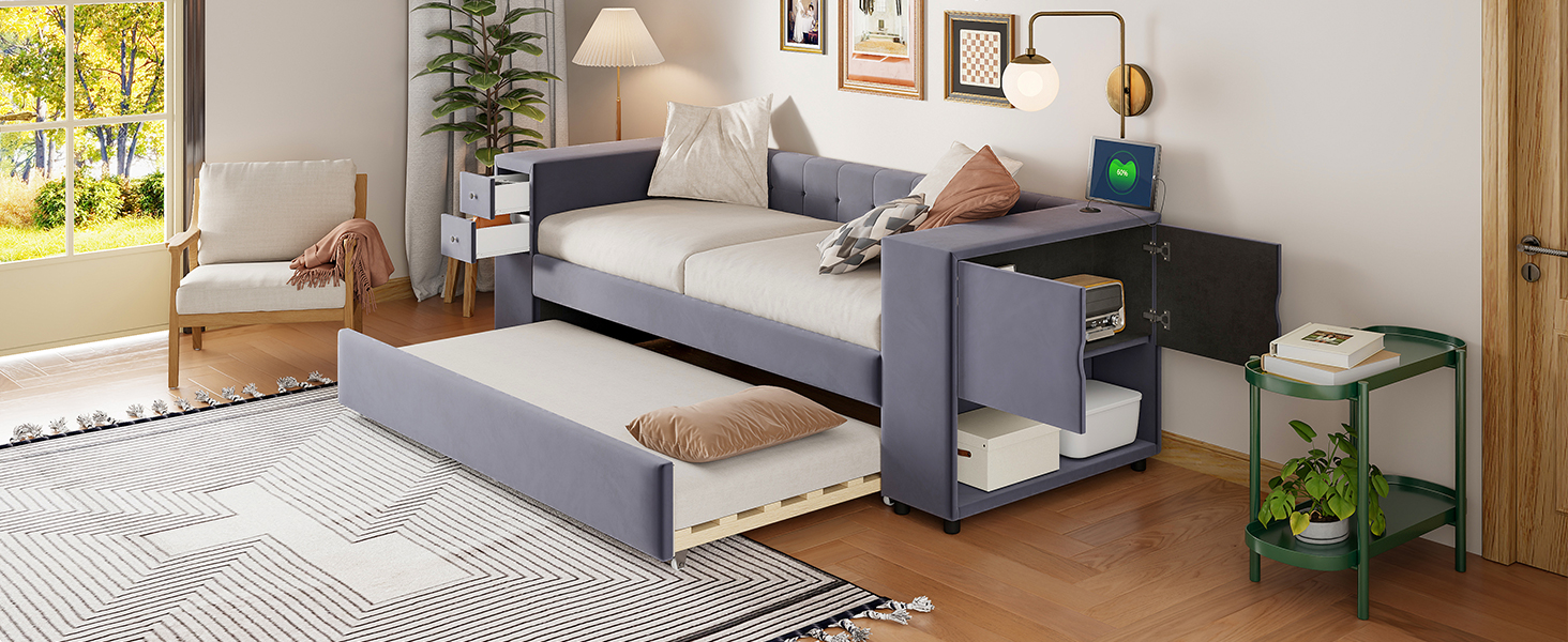 Twin Upholstered Bed with Storage and Twin Trundle, USB Charging Ports, French Velvet