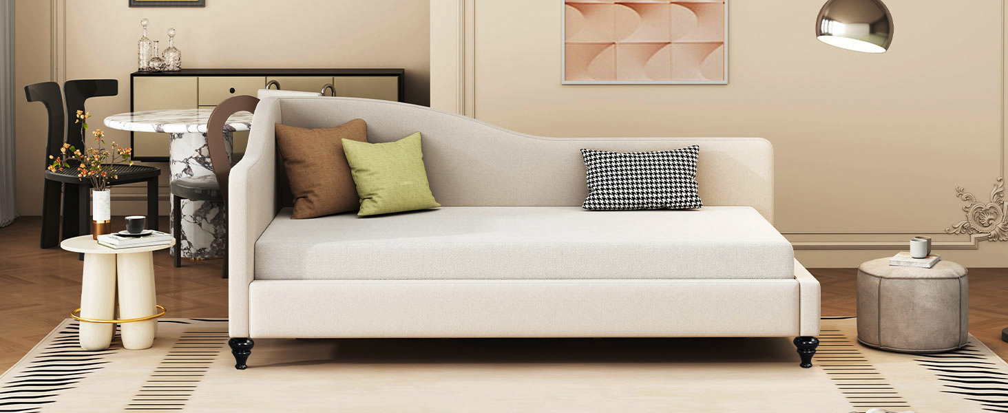 Twin Size L-Shaped Linen Daybed with Solid Wood Legs 13 Twin Size L-Shaped Linen Daybed with Solid Wood Legs