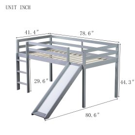 Rubber Wood Twin Low Loft Bed With Slide, Ladder and Safety Guardrails