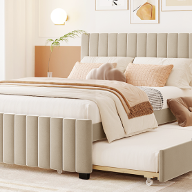 Full Size Velvet Upholstered Platform Bed with Twin Size Trundle