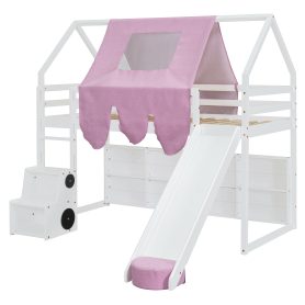 Twin Size Wooden Loft Bed House-Shaped Frame With A Tent