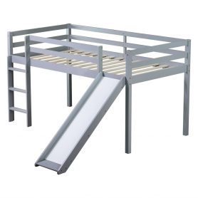 Rubber Wood Twin Low Loft Bed With Slide, Ladder and Safety Guardrails