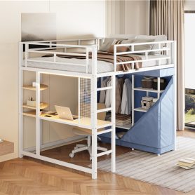 Full Size Loft Metal Bed with Desk, Shelves, Power Outlet, LED Light and Wardrobe