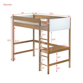 Rubber Wooden Twin Size Loft Bed With Desk, Ladder, Safety Guardrails, Teddy Fleece Fabric Headboard/Footboard